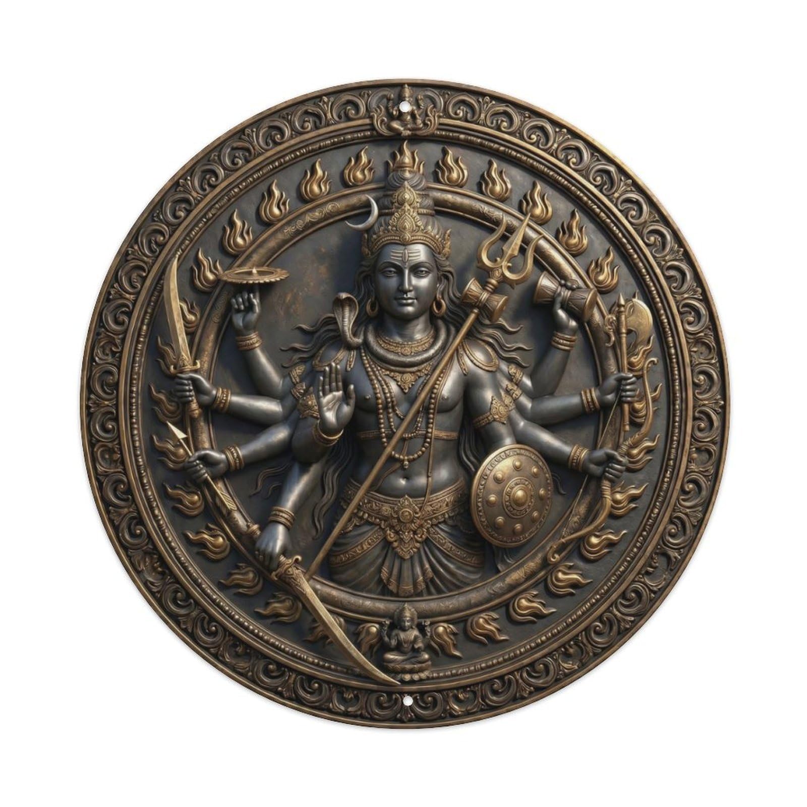 Fqcyn Style Hindu Deity Shiva Ten Arms Supreme Form Majestic Relief Sculpture Metal Tin Sign Plaque Wall Decor For Cafe, Club Bar, Office, Home Garden Round Metal Poster 8X8inch