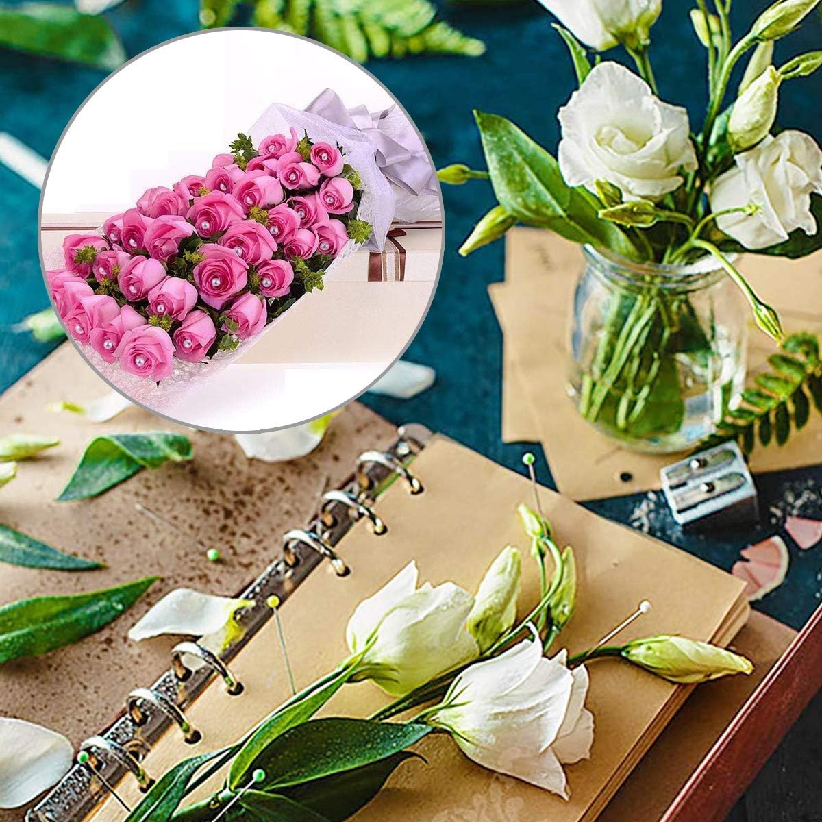 Woohome 9 PCS Floral Arrangement Tool Kit, 5 PCS Floral Tape Stem Wrap, 26 Gauge Floral Stem Wire, Double-Sided Tape and 120 PCS Ball Head Pins for Wedding Bouquet DIY