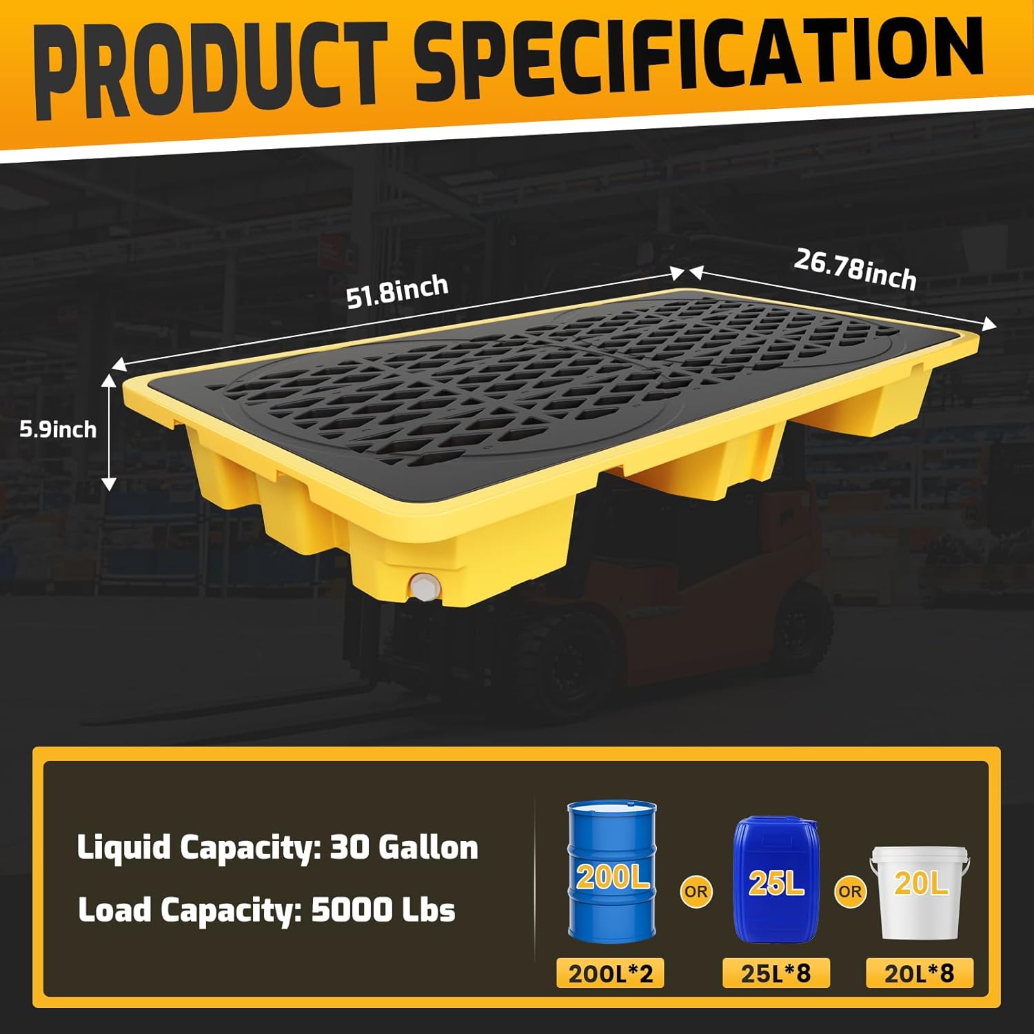 JINJUNYE Spill Containment Platform with Drain, Suitable Forklifts, 2 Drum Modular Platform Tray, 30 Gallon Liquid Capacity, 4000 Lbs Weight Capacity, 51.8X 26.8X 5.9", Industrial Uses