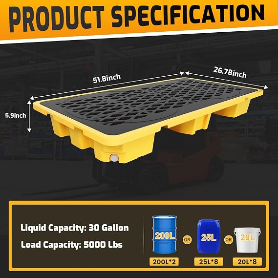 JINJUNYE Spill Containment Platform with Drain, Suitable Forklifts, 2 Drum Modular Platform Tray, 30 Gallon Liquid Capacity, 4000 Lbs Weight Capacity, 51.8X 26.8X 5.9, Industrial Uses