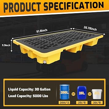 JINJUNYE Spill Containment Platform with Drain, Suitable Forklifts, 2 Drum Modular Platform Tray, 30 Gallon Liquid Capacity, 4000 Lbs Weight Capacity, 51.8X 26.8X 5.9, Industrial Uses