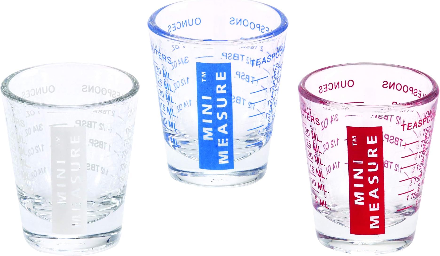 Mini Measure Multi-Purpose Shot Glass, Heavyweight Glass, Patriotic Red White And Blue, 3-Piece Set, For Liquid And Dry Ingredients And Precise Recipe Prep