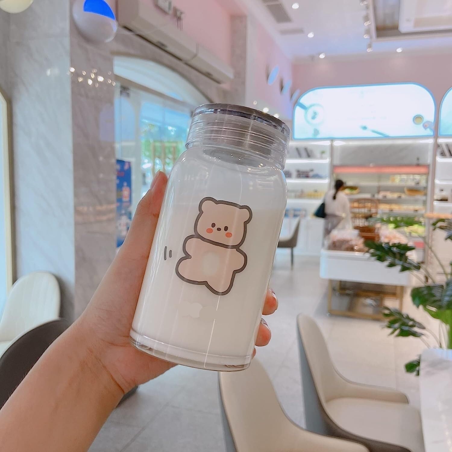 Bicchiere d'Acqua in Vetro Trasparente con Cinturino in borosilicato Resistente al Calore, con Motivo a Orso Marrone, Scuola e Sport