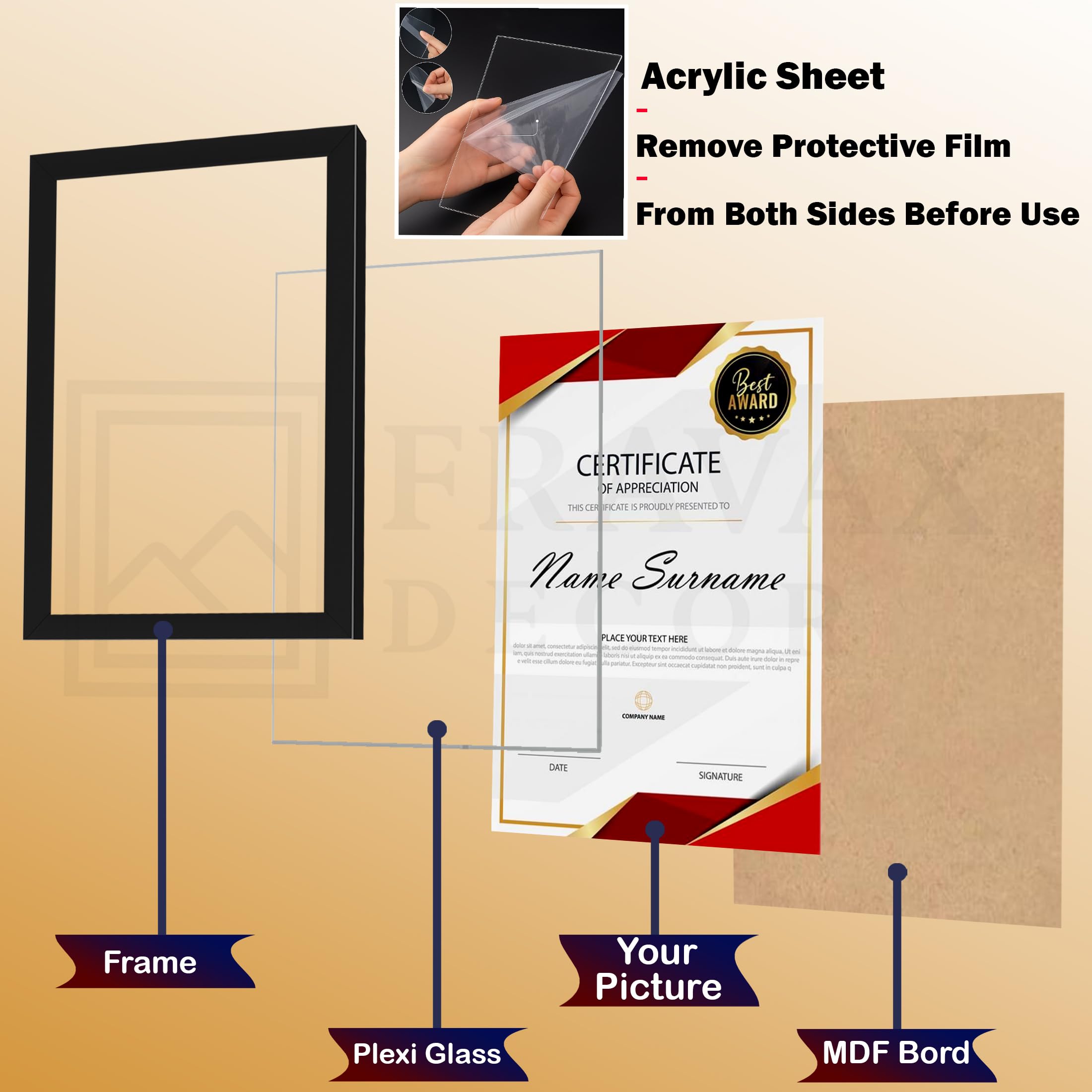 Fravax Decor A4 Certificate Frame Set of 1 | Black Wood Finish Document & Award Frames | 0.5 mm Unbreakable Acrylic Front | Wall & Tabletop Display for Degrees, Certificates & Photos 1