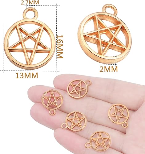 Miniatura 10 de Aylifu 50 dijes de pentagrama vintage redondos de pentagrama con estrella de pentáculo, accesorio para hacer joyas para collares, pulseras, aretes,