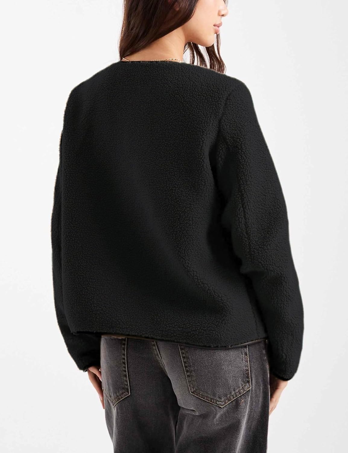 Womens Fleece Jacket Fuzzy Casual Long Sleeve Round Neck Button Down Coat Sherpa Outwear with Pockets - Image 3