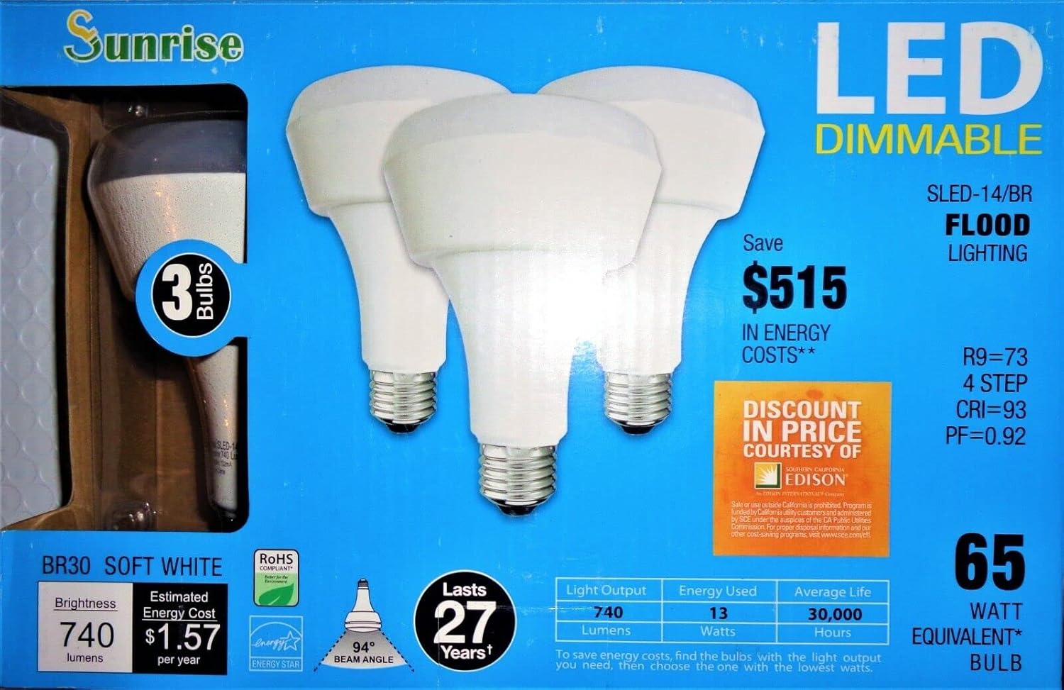 3 Sunrise LED Dimmable Lamp 13 W 740 Lumens BR30 Warm Soft White Bulb