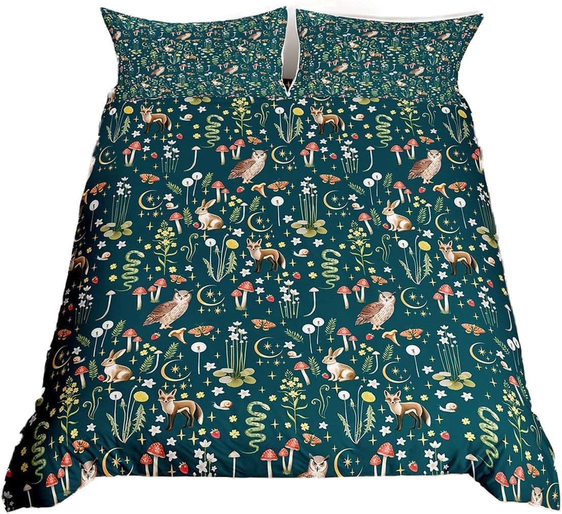 Homewish Green Duvet Cover King Size, Rustic Floral Bedding King Size for Kids Adults Cute Woodland Animal Print Bedding Sets