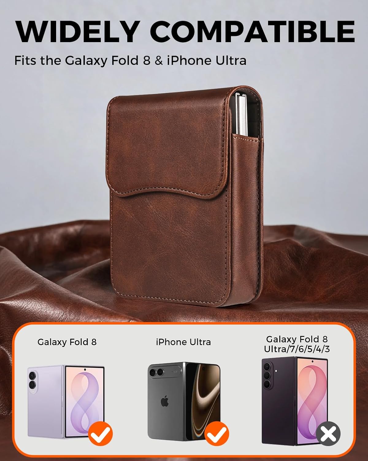 NINKI Belt Holders Holster for Samsung Galaxy Z Fold 8 Pouch Case, Premium Vegan Leather Protector Waist Bag for Samsung Z Fold 8 Phone Holster Galaxy Fold 8 Belt Clips Carrying Cover, Retro Coffee image 2