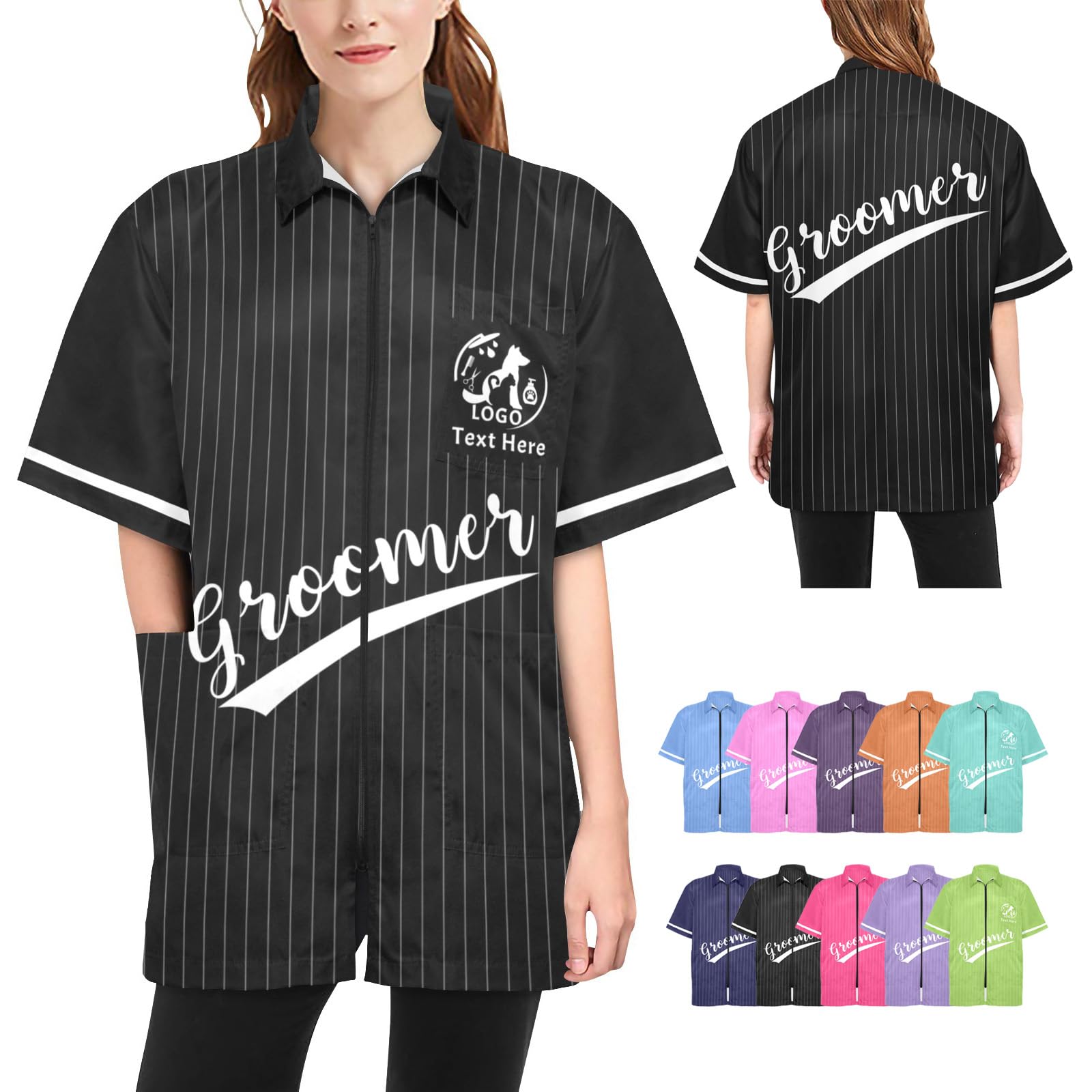 COWCUTE Custom Logo Pet Grooming Workwear, Personalized Pet Beautician Work Clothes, Groomer Smock Jacket for Pet Salon