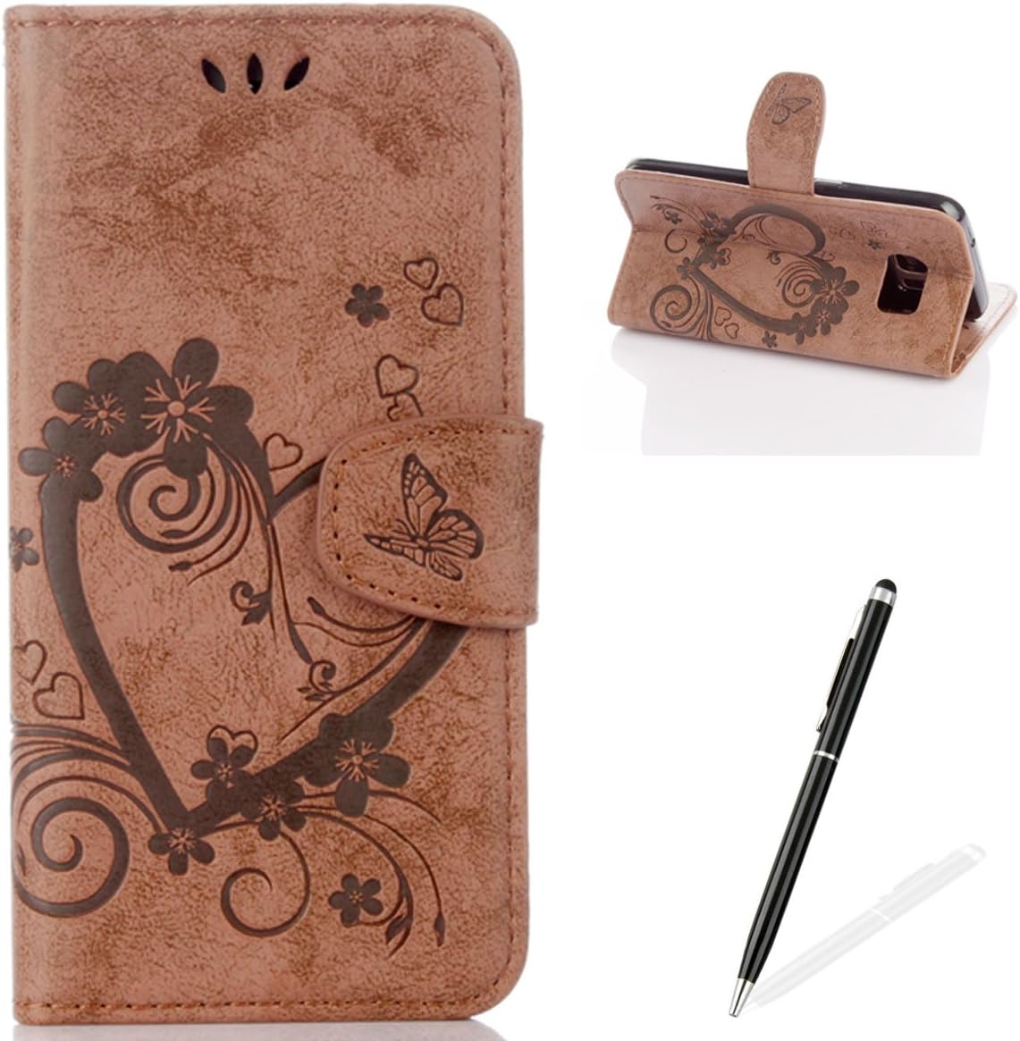 Feeltech for Samsung Galaxy S7 Flip Case Embossed Heart Butterfly Pattern Premium Ultra Slim PU Leather Wallet Cover [1 Stylus Pen] Magnetic Closure Stand Card Slots Folio Book - Brown