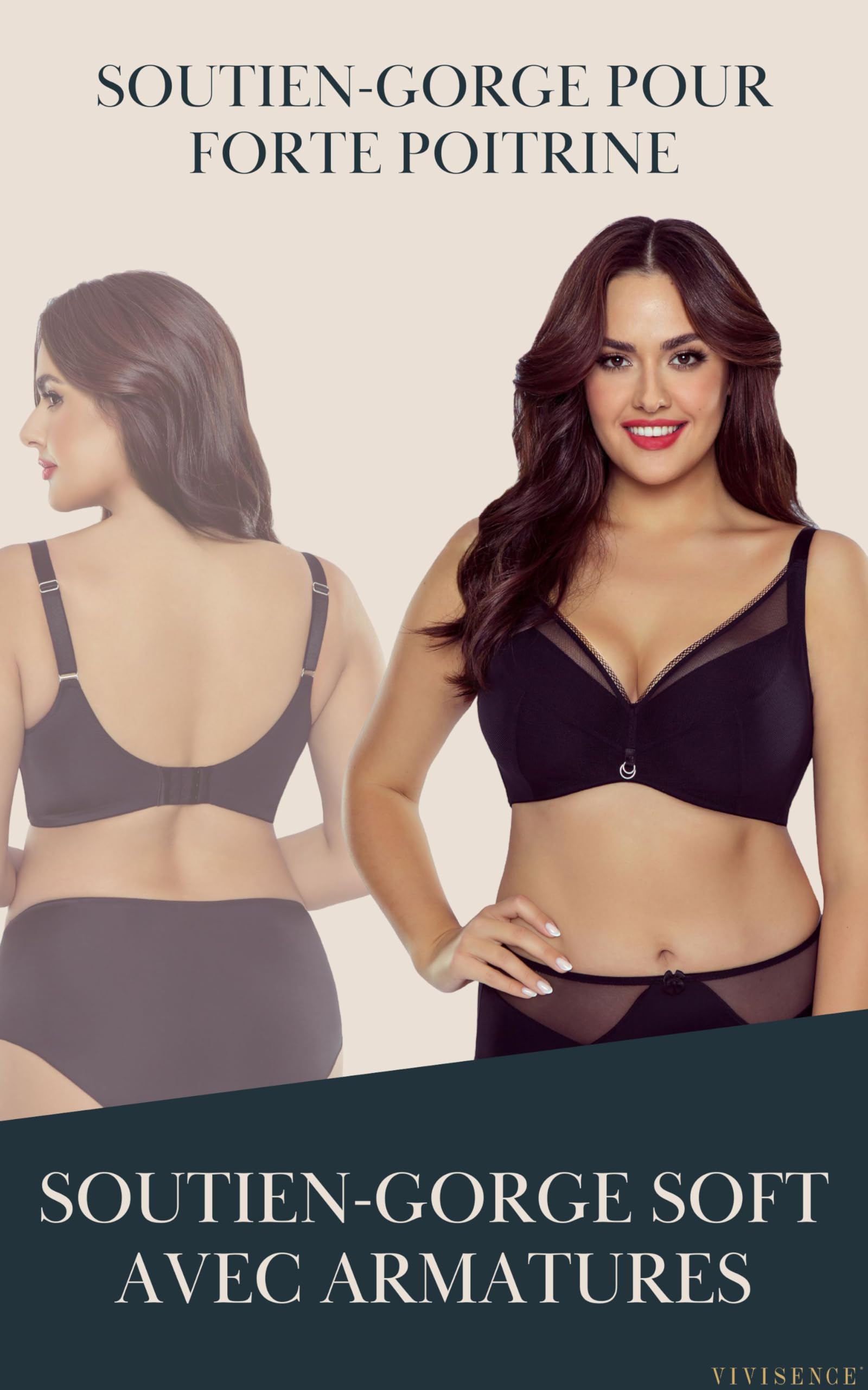 VIVISENCE Soutien-Gorge Non-Rembourré Femme avec Bonnets Souples en Tricot Stable Baleines Verticales Bretelles Larges Réglables Dos en Tricot Lisse Fermeture Agrafes 3 Positions 1076