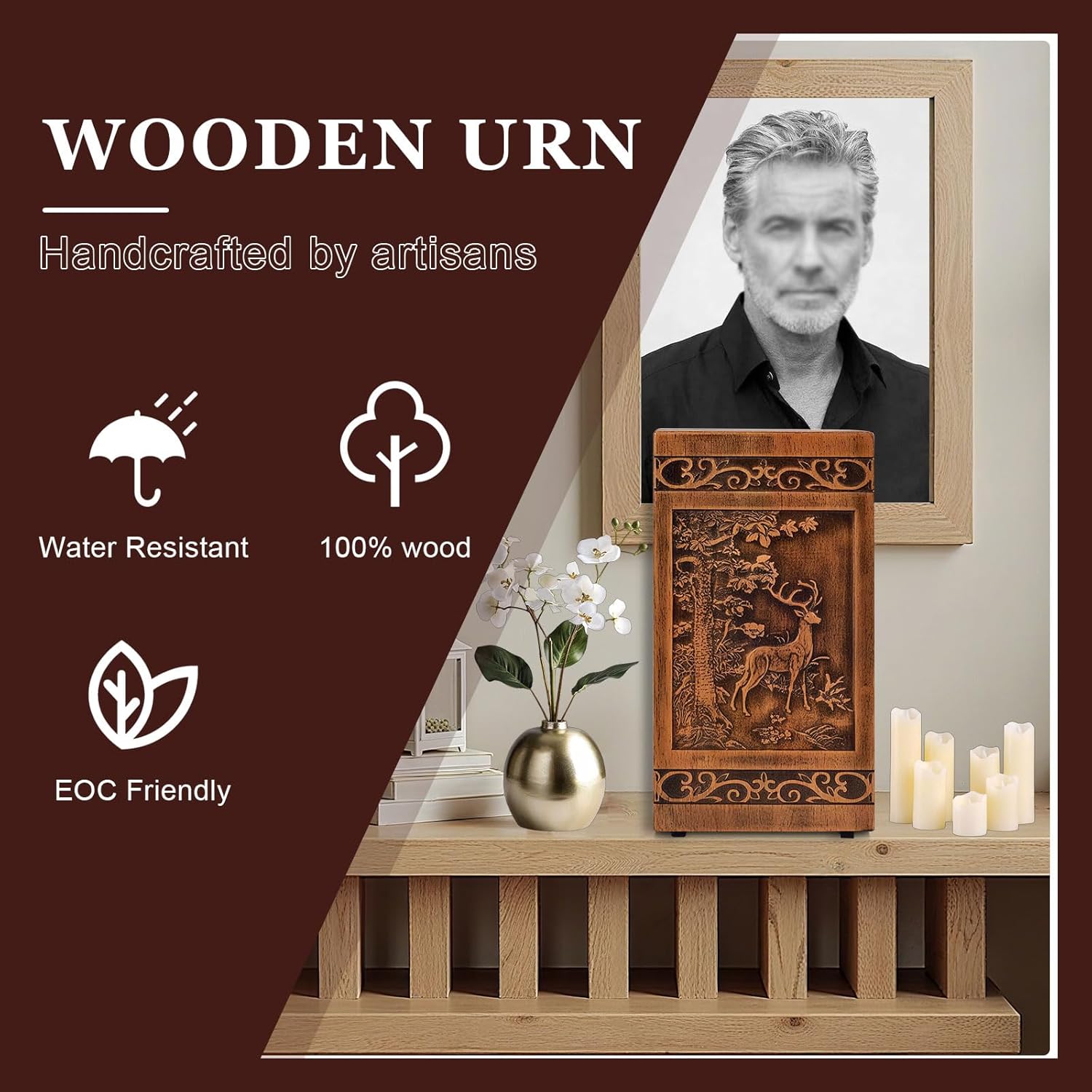 Wooden Urn for Ashes Adult Male Female,Decorative Burial Funeral Memorial Urn, Burial Casket Keepsake with Velvet Bag (Brown, 10, Deer)