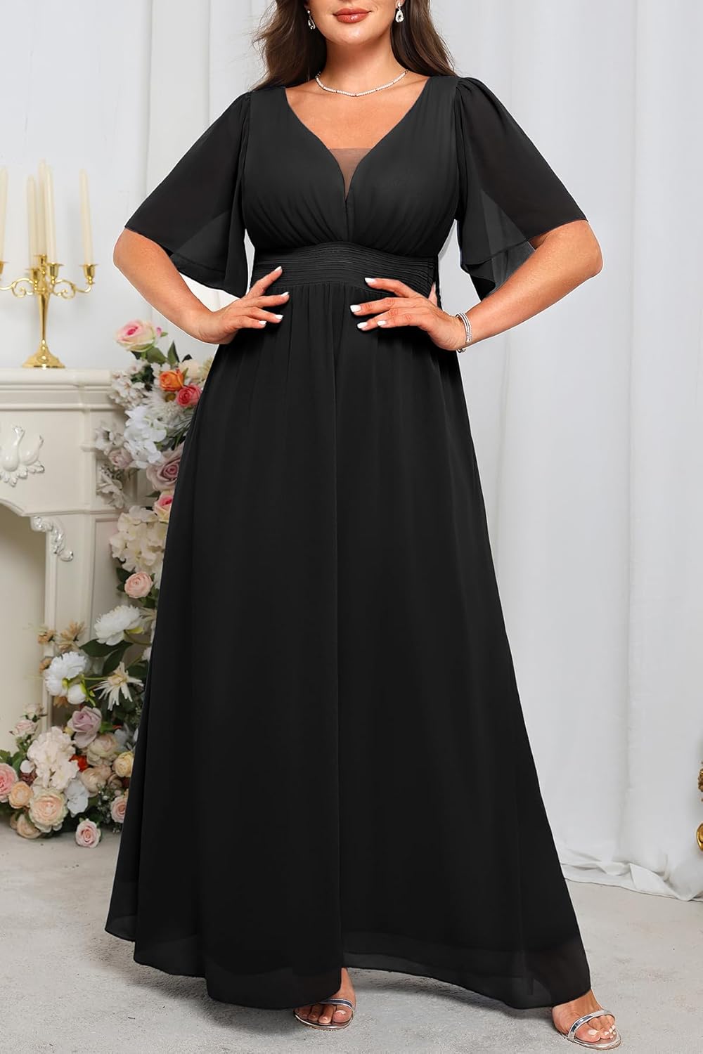 Plus Size Formal Dresses - V Neck Flutter Sleeves Evening Gowns Bridesmaid Wedding Guest Chiffon Long Maxi Dress - Image 4