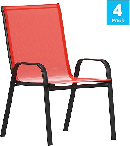 Miniatura 9 de BizChair Paquete de 4 sillas apilables rojas para exteriores con material Flex Comfort y marco de metal