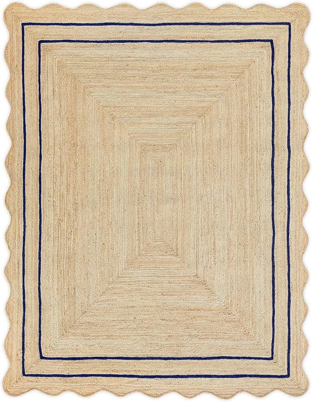 Aizza Trends Alfombra de yute festoneado de alta calidad hecha a mano con borde azul marino de 4 pies, alfombra festoneada vintage para sala de estar, dormitorio, cocina, entrada y pasillo