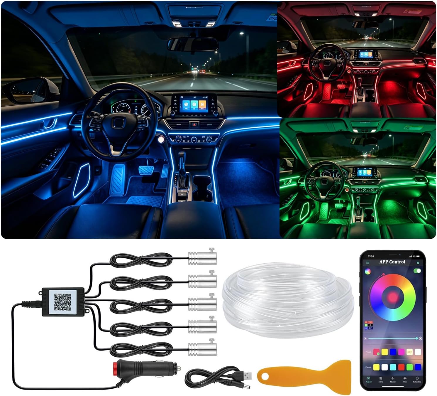 YUGUANG 5 in 1 Interior Car Lights Strip, Multicolor APP Control Music Sync RGB LED Car Ambient Lighting Kit with 236 inches Fiber Optic Cables