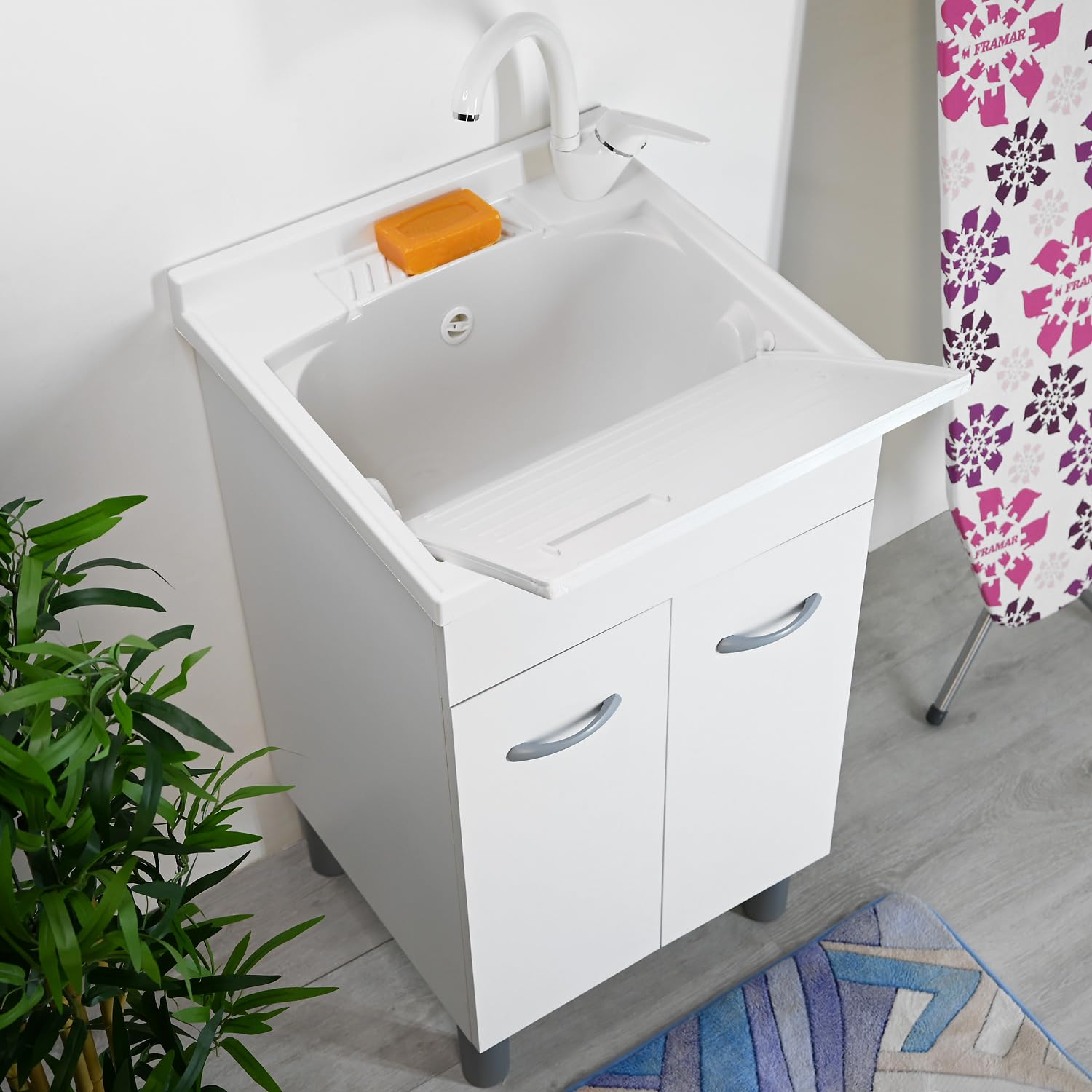 Mobile lavatoio lavanderia P 50 L 50 ATHENA con pilozzo asse di lavaggio e sifone resistente ad acqua e umidità (50 x 50)