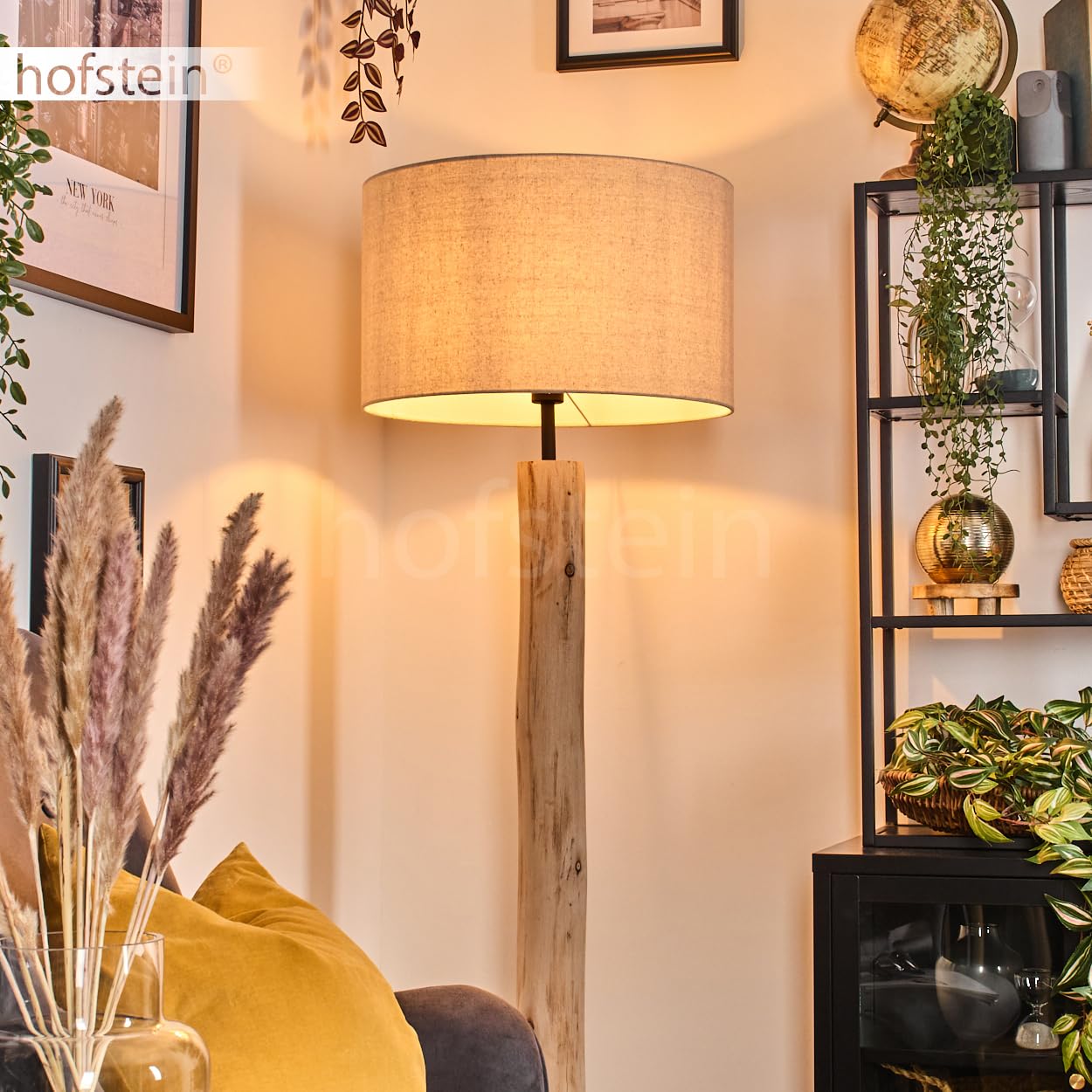 Stehleuchte Flemming, Stehlampe aus Holz/MetallStoff in Natur/Schwarz/Beige, Leuchte im skandinavischen Design mit rundem Schirm (Ø 50 cm) u. Fußschalter, Höhe 159 cm, 1 x E27, ohne Leuchtmittel