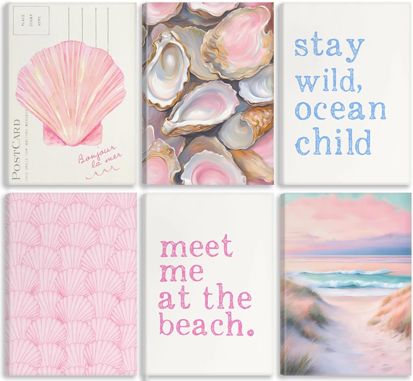Pink Beach Preppy Canvas Wall art Coastal Granddaughter Aesthetic Room Painting Picture Wall Decor Shells Oyster Poster Print Artwork for Girls Room Girls Dorm Home Decoration