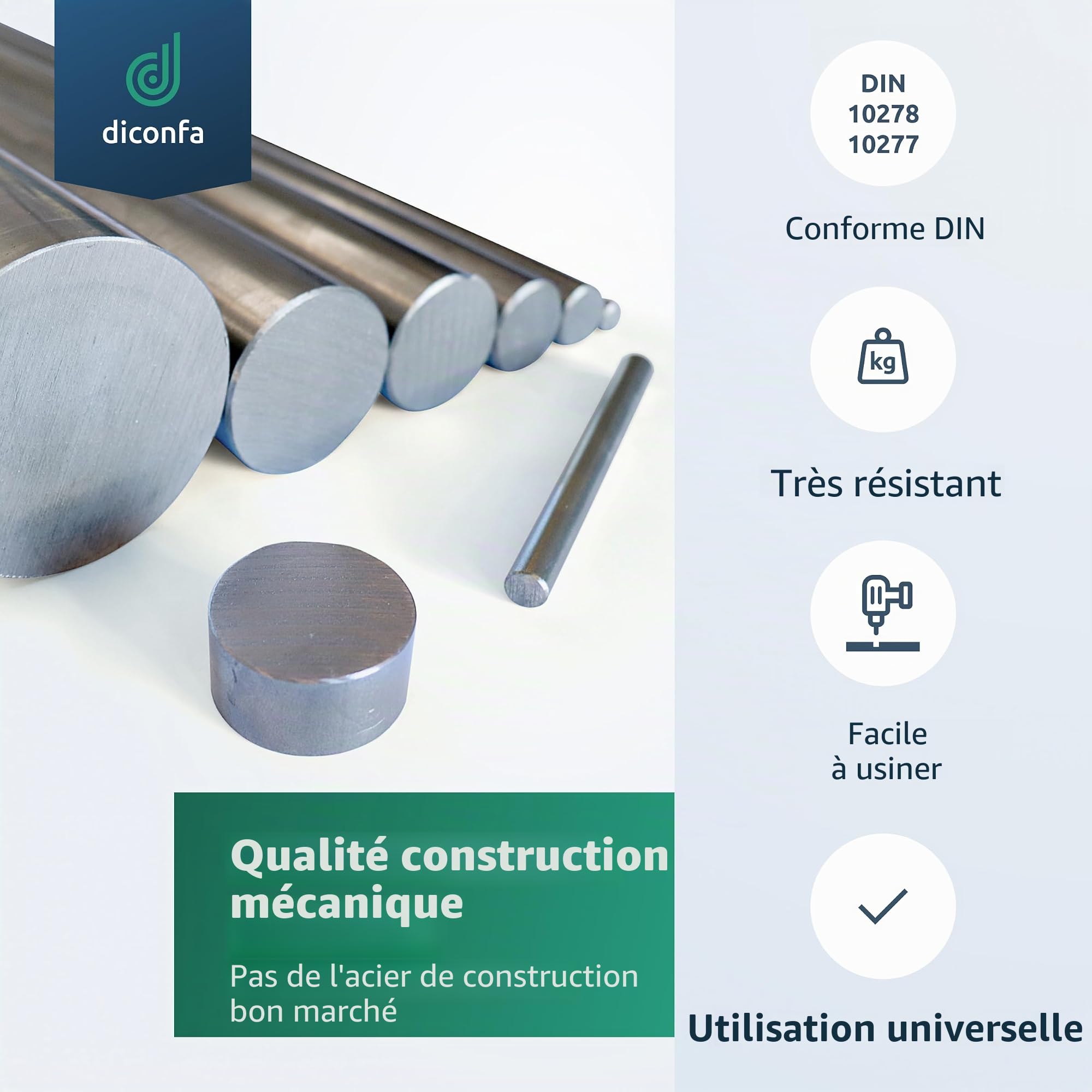 DICONFA Acier rond S355 J2+C Diamètre 25 x 1000 mm Fer rond Tige d'axe