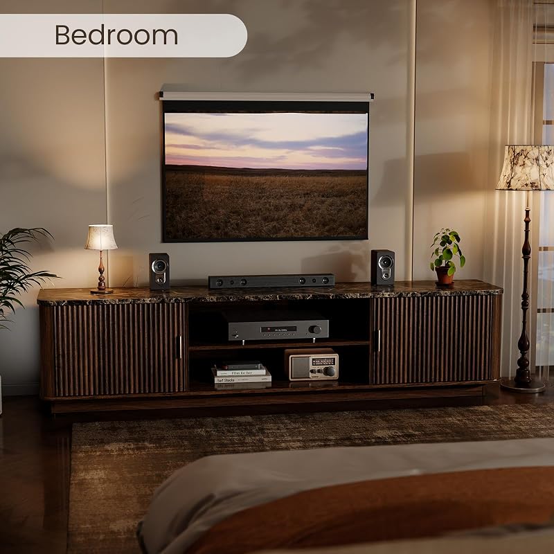 MODNEST Faux Marble Top TV Stands for Living Room Bedroom 70” TV Consoles | Mid Century Modern, Fluted Wood Entertainment Center, Walnut TV Stand with Storage & Adjustable Shelves for TVs up to 80 Inch image 4