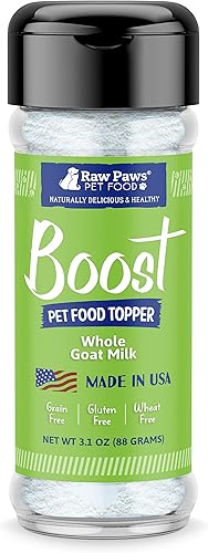 Raw Paws Boost Flavor & Nutrition - Cubrealimentos para mascotas, leche de cabra entera en polvo, 3.1 onzas, fabricado en Estados Unidos, condimento