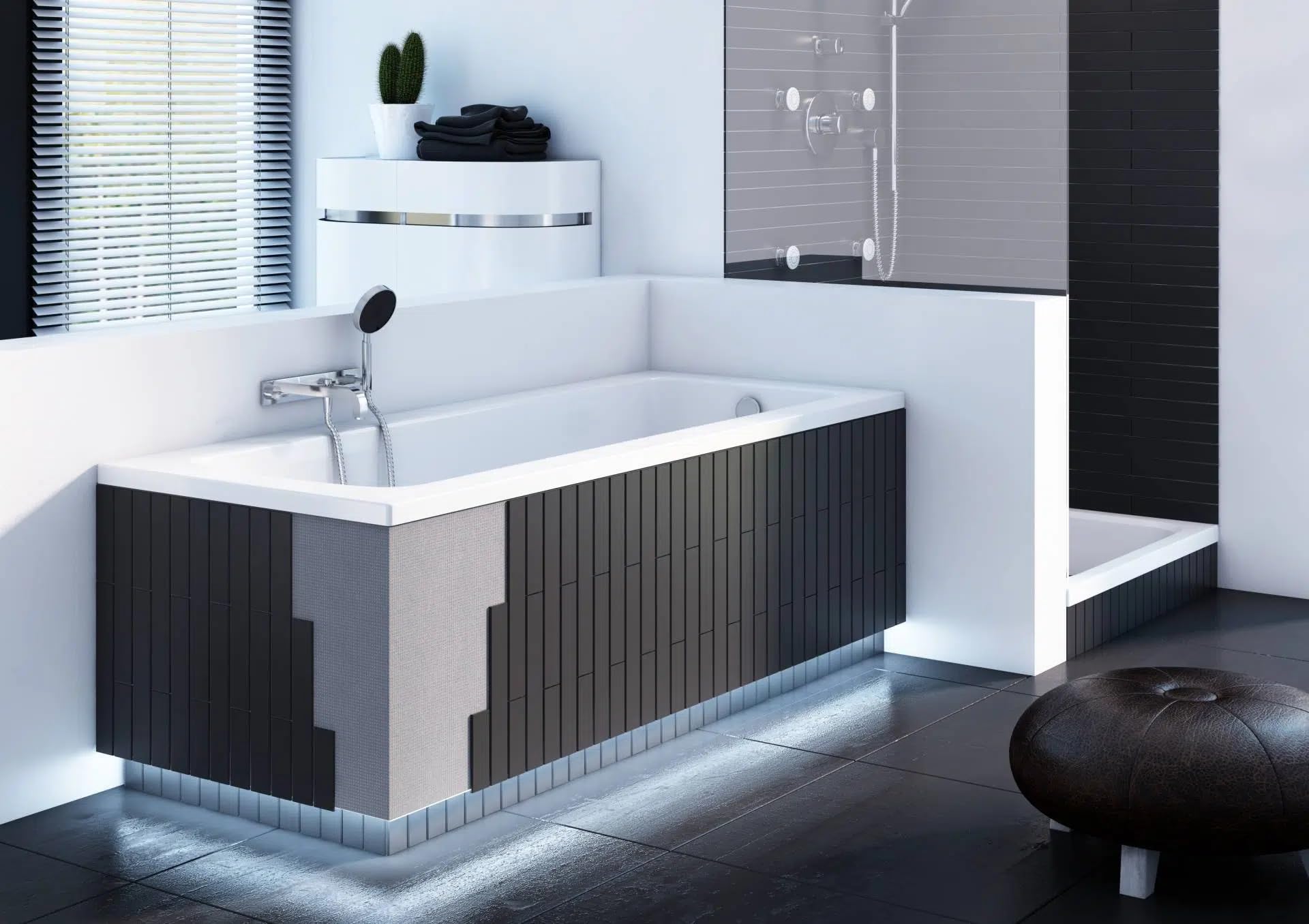 VBChome Bañera de 140 x 70 cm, color blanco, acrílico, espacio para iluminación LED, soporte de poliestireno, soporte para bañera, sifón, bañera, rectangular, blanco, diseño moderno, desagüe en cromo