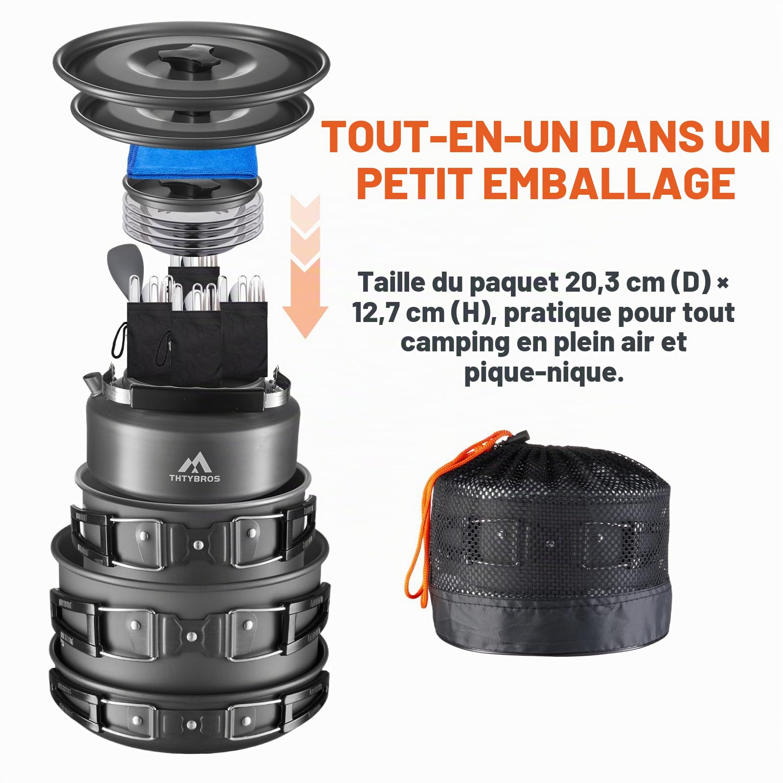 THTYBROS – Kit de Cuisine Camping 27 pièces Portable pour 2-4 Personnes, avec Bouilloire, casseroles Anti-adhésives et Accessoires INOX