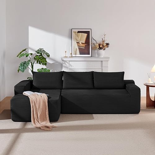96 Inch Cloud Sectional Couch,Modern Modular Sectional Sofa with Deep Seat,Corduroy Boneless Couches with L-Shape Chaise for Living Room Bedroom,No Assembly Required (Black, Left Facing Chaise)