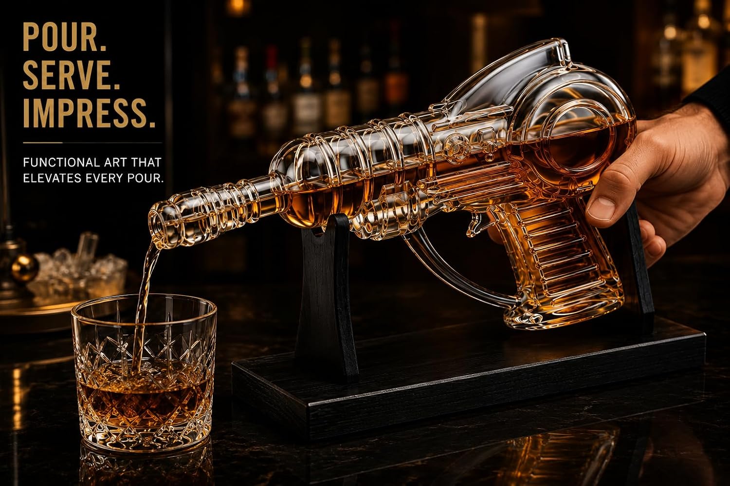 Whiskey Decanter Set with Wood Stand & 2 Shot Glasses, Video Game Gifts for Men, Retro Sci-Fi Space Gun Liquor Bottle, Gamer Dad Man Cave Home Bar Decor, Christmas Xmas Gift, 250mL