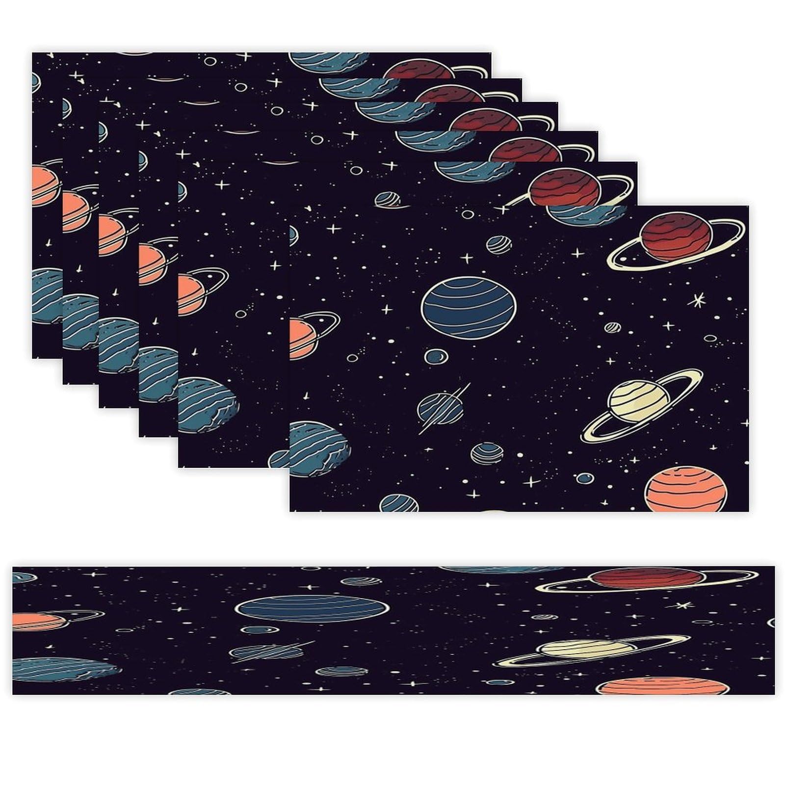 Space Planet Pattern Table Runner and Placemats Set of 6 for Kitchen Washable Table Mats Heat Resistant Place Mats Non-Slip Place Mat Wipeable Placemat(6 Placemats+1 Table Runner)