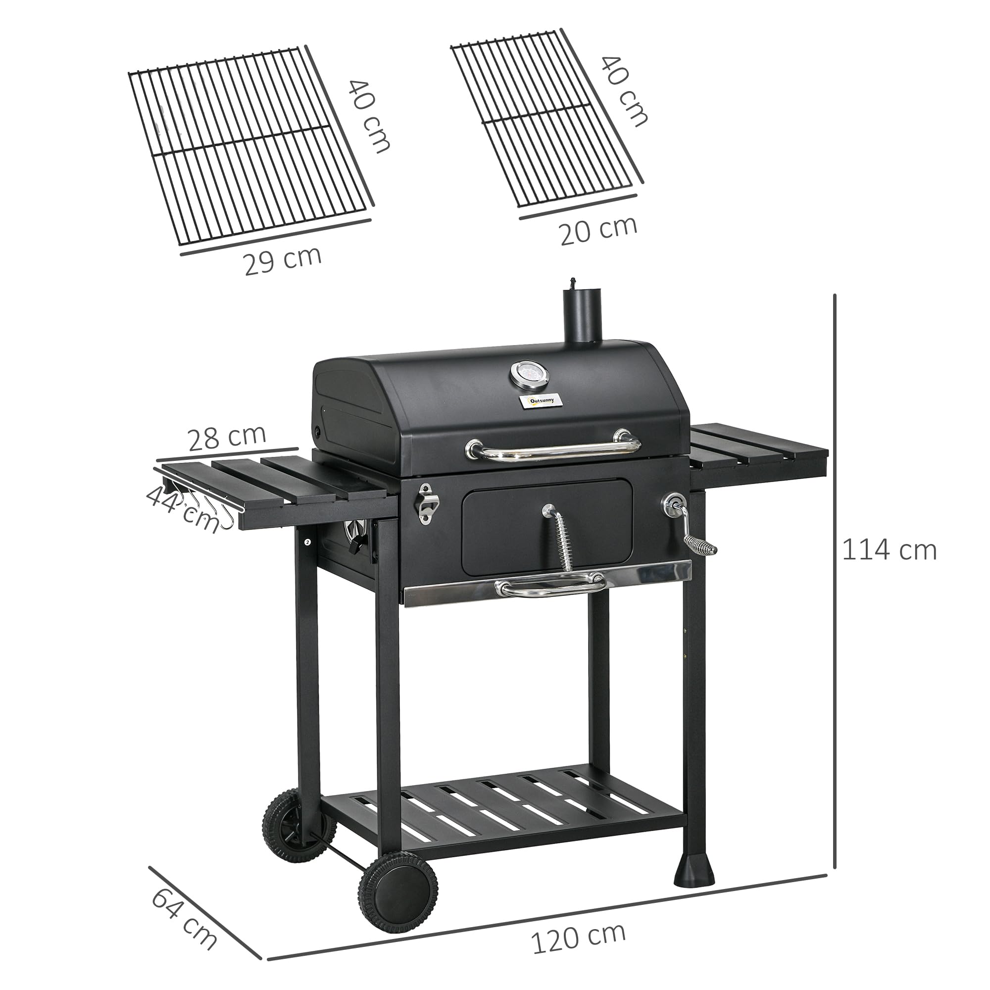 Outsunny Barbecue a Carbone con Griglia Regolabile e Ruote, BBQ con Coperchio, Tavolini Laterali, Termometro e Ripiano Inferiore, Nero