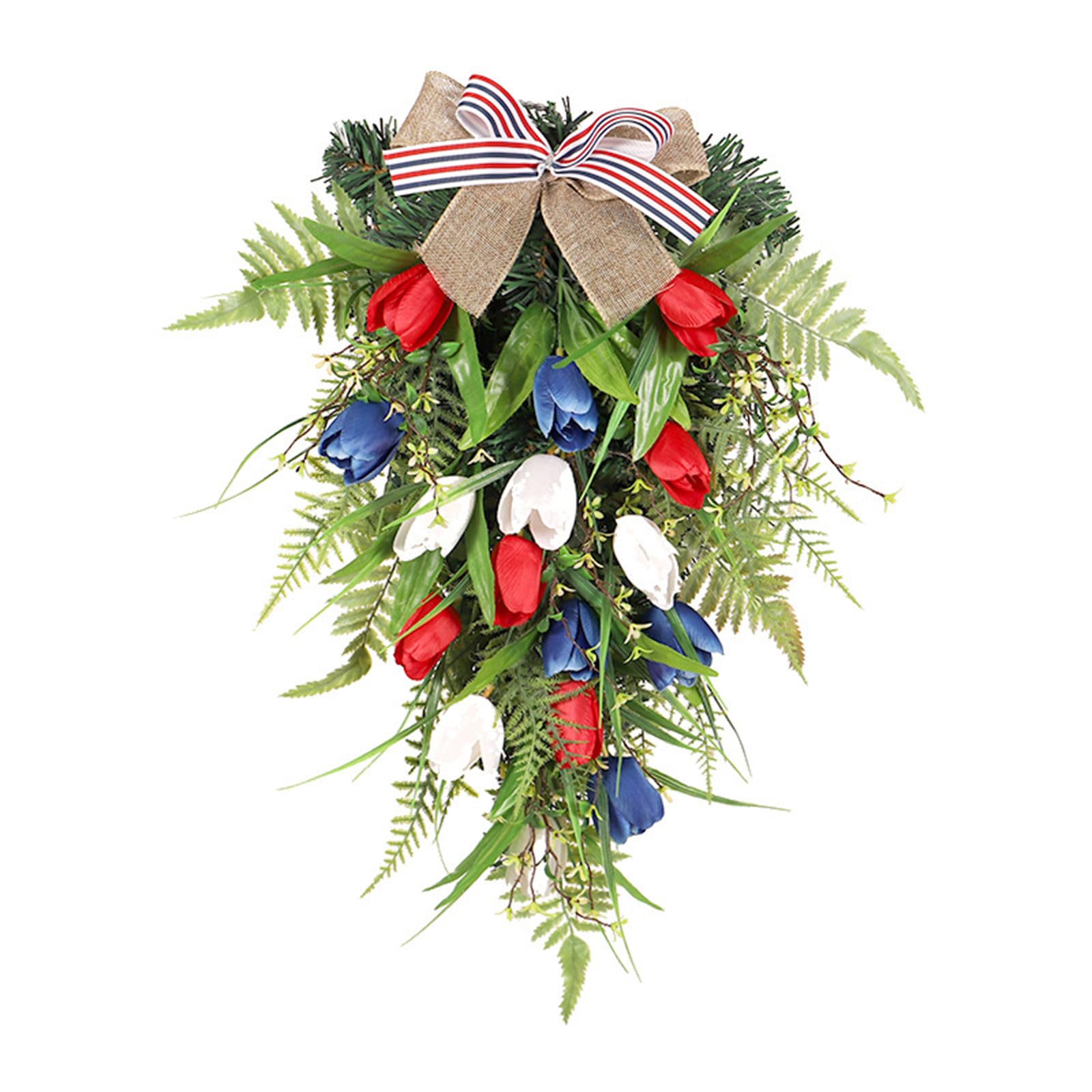 Tsophreniq Artificial Flower Wreath Artificial Tulips Wreath Seasonal Wall Decor Celebrate Independence Day in Ornament Blue Tulips