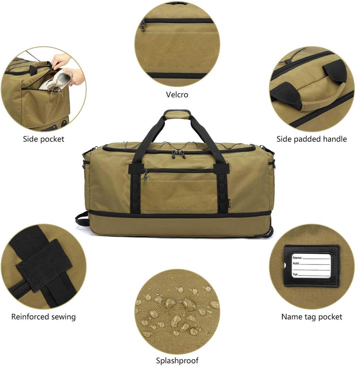 Laripwit Collapsible Duffle Bag with Wheels 130-170L Extra Large Expandable Travel Duffel Bag for Men Women Heavy Duty Military Duffle Bag for Camping Rolling Foldable Carry On Luggage, Brown - Image 6