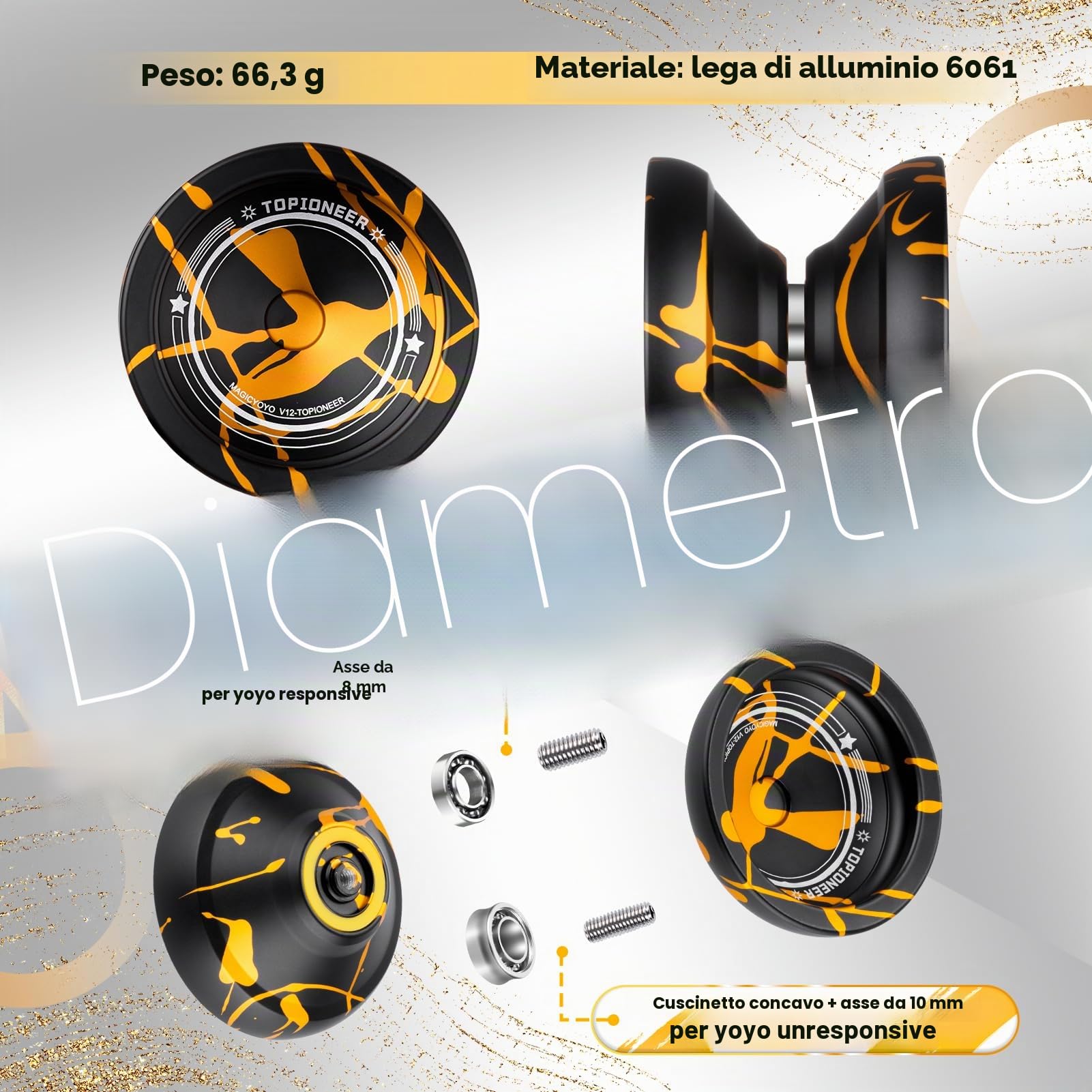 Yoyo V12 Yoyo professionale per principianti e giocatori avanzati, doppio scopo in metallo reattivo e non reattivo, in lega di alluminio resistente trucchi
