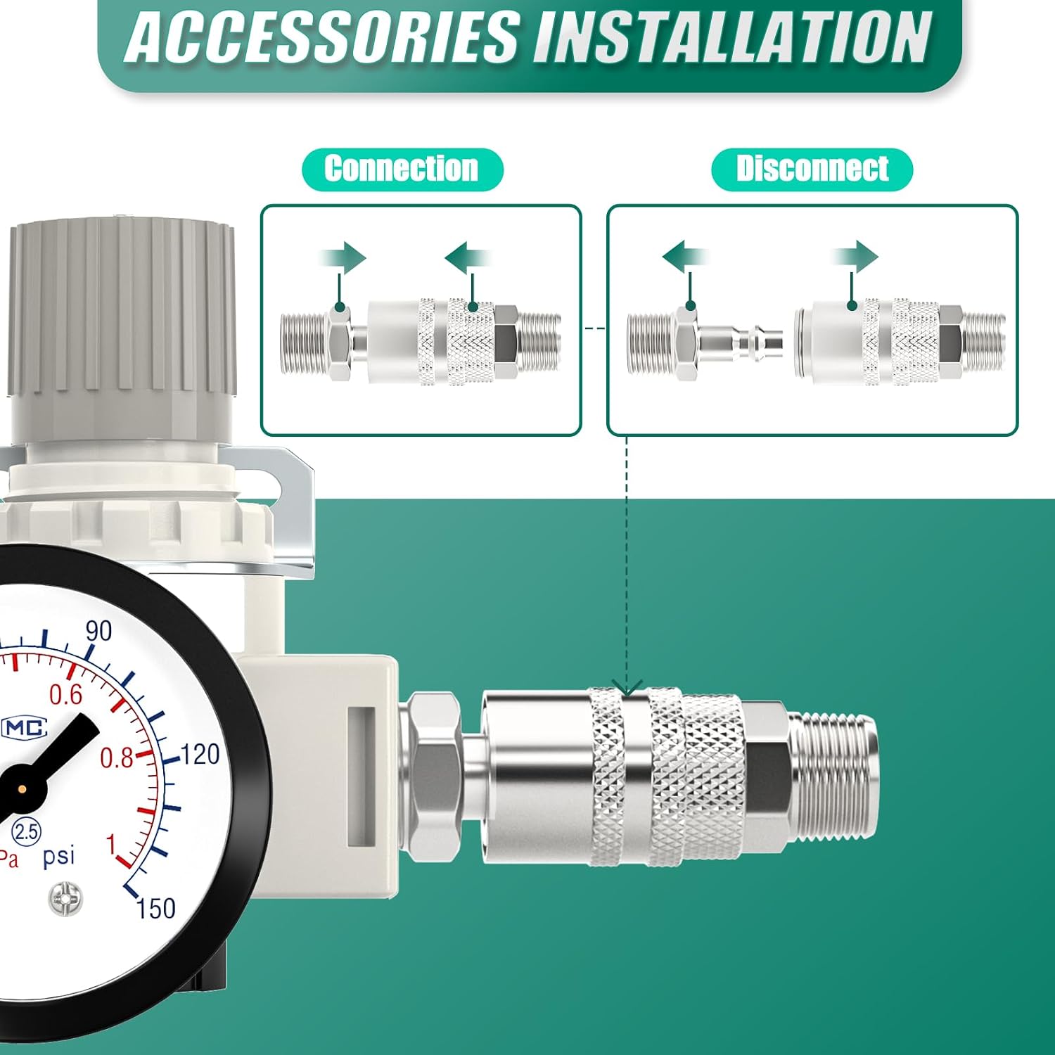 3/8" NPT Air Compressor Regulator, with 0-150 PSI Gauge, BR3000 Air Gauge Regulator Inline for Air Compressor and Pneumatic Tools