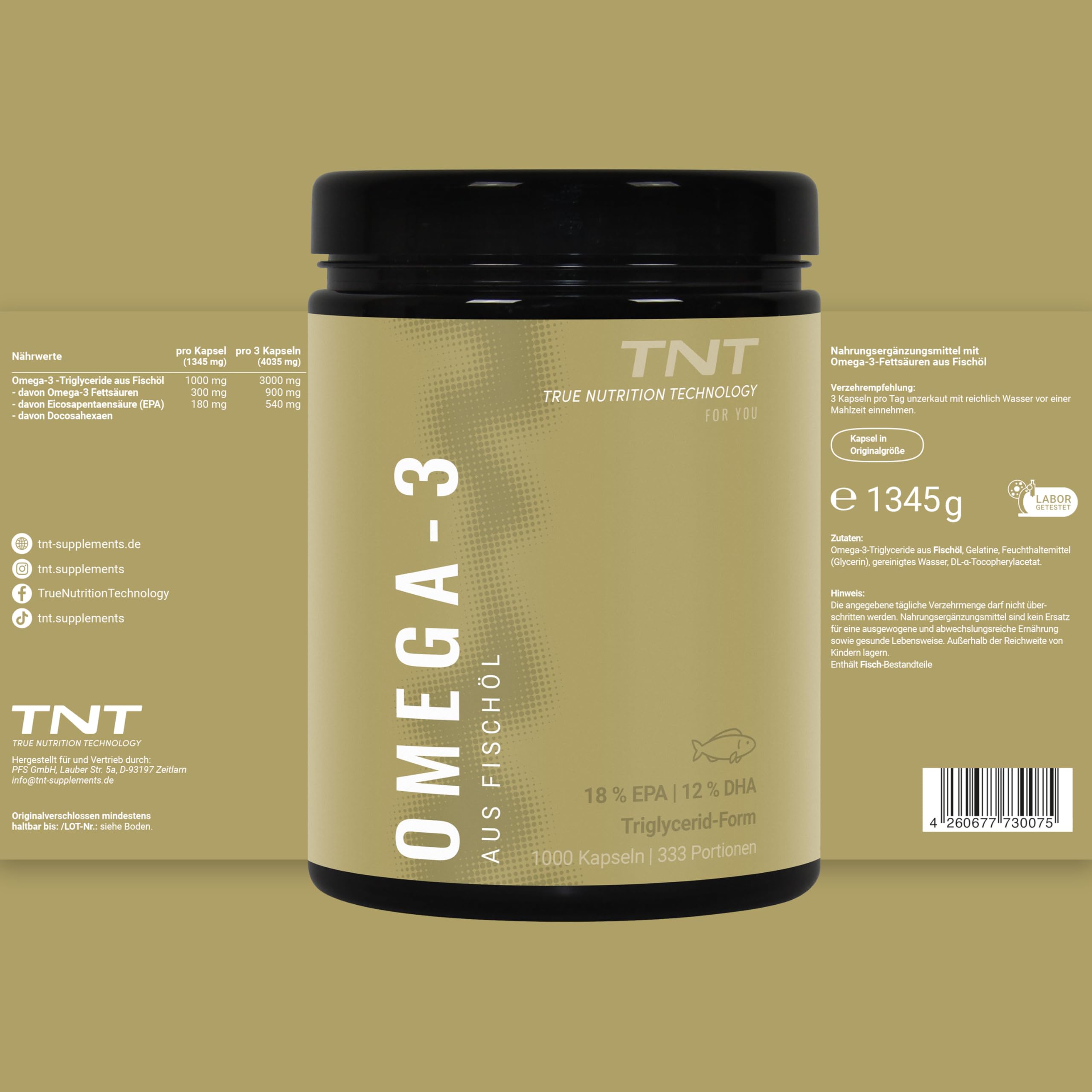 TNT Omega 3 Kapseln (1000 Weichkapseln) • 3000mg Fischöl (540mg EPA, 360mg DHA) pro Tagesdosis • Omega-3 Fettsäuren in Triglycerid-Form • Hochdosiert & ohne Zusätze