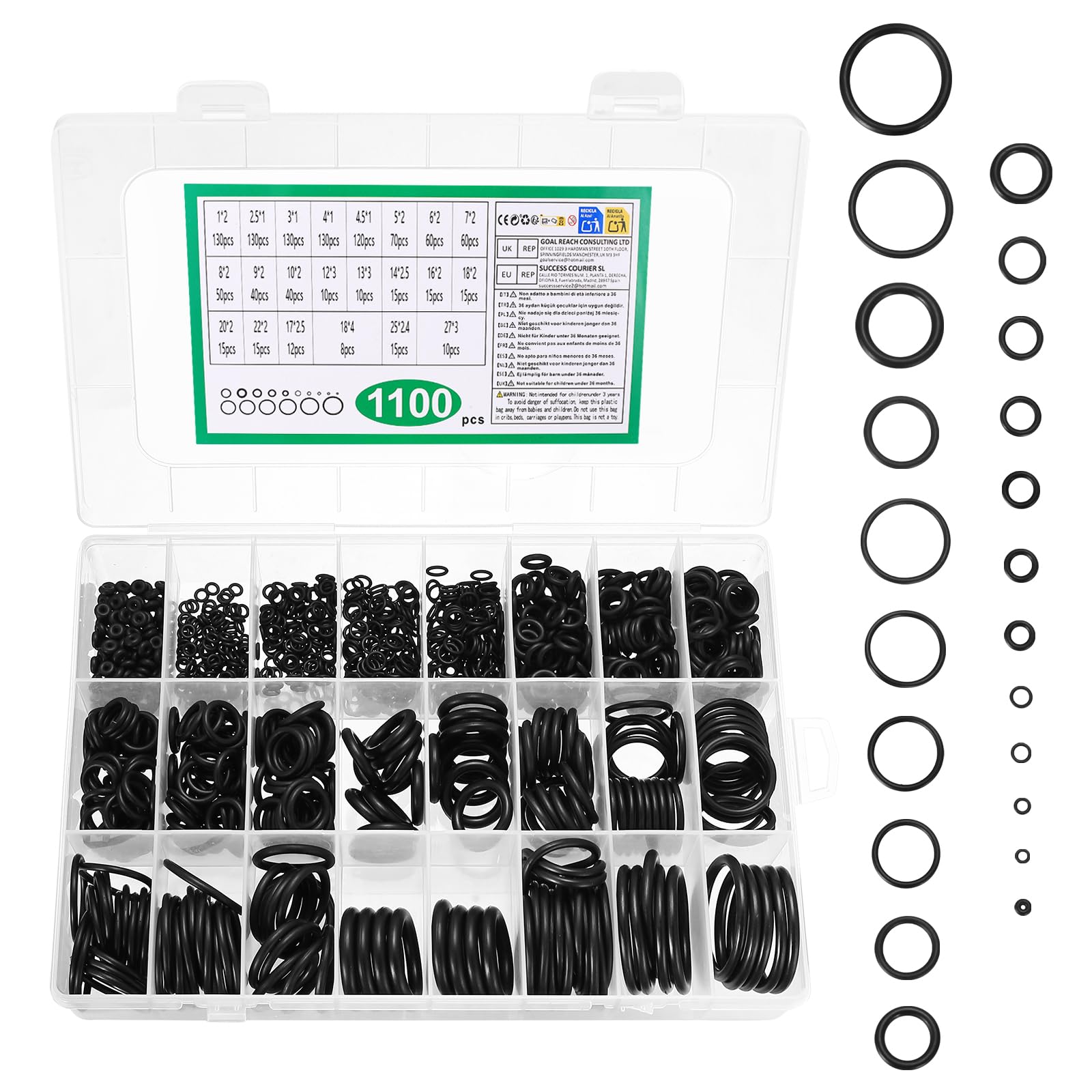1100 Pcs Juntas Tóricas de Goma, O-Ring Kit para Reparación de Grifos Automotrices y Plomería