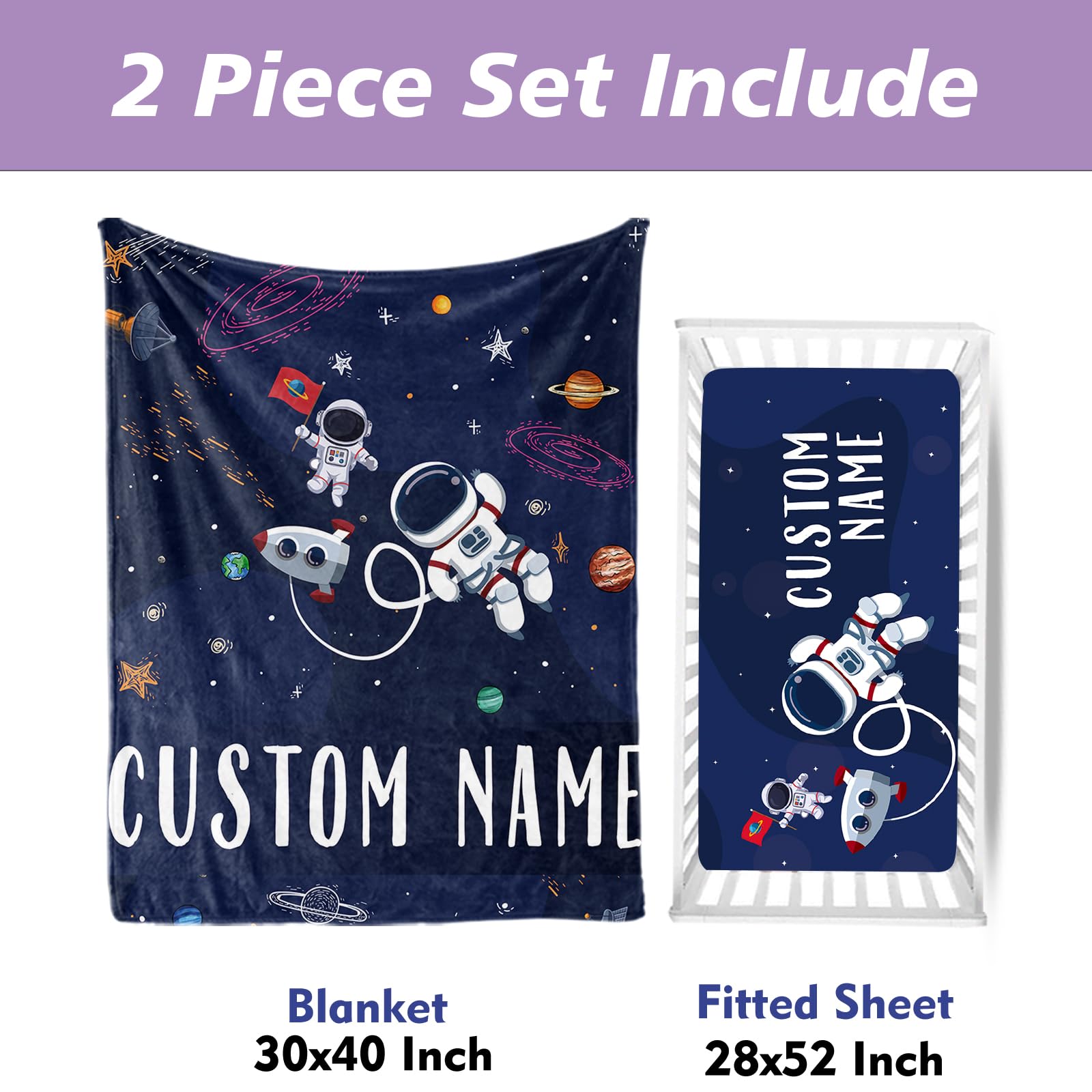 HSHRYY Personalized Name Baby Crib Bedding Set, Custom 2 Piece Set for Boys, Soft Blanket with Dotted Backing and Fitted Sheet, Perfect for Baby Newborn Shower Gift, Blue Astronaut Theme