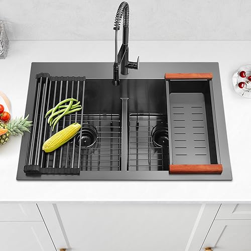 Vista 45 de LQS Fregadero de cocina dorado de 31 pulgadas, fregadero de cocina de acero inoxidable 50/50 de 31 x 18 pulgadas, fregadero de cocina de acero