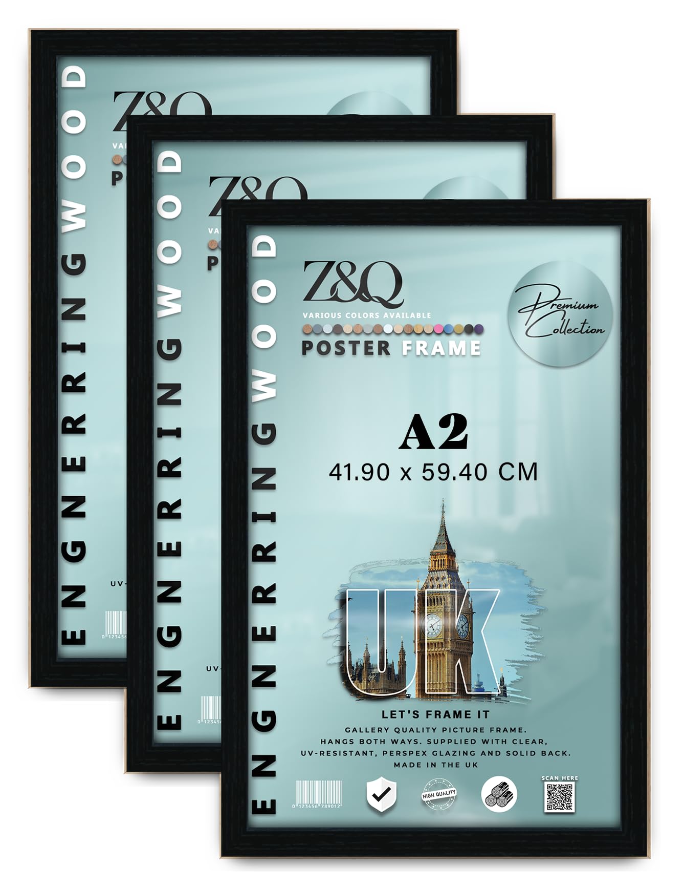 Z&Q Pack of 3 MDF Wood Finish A2 (41.90 x 59.40 CM) Poster/Picture Frame | for Art Gallery, Room Wall Decor 23 x 16 Inch Portrait/Landscape Display [ Black ]