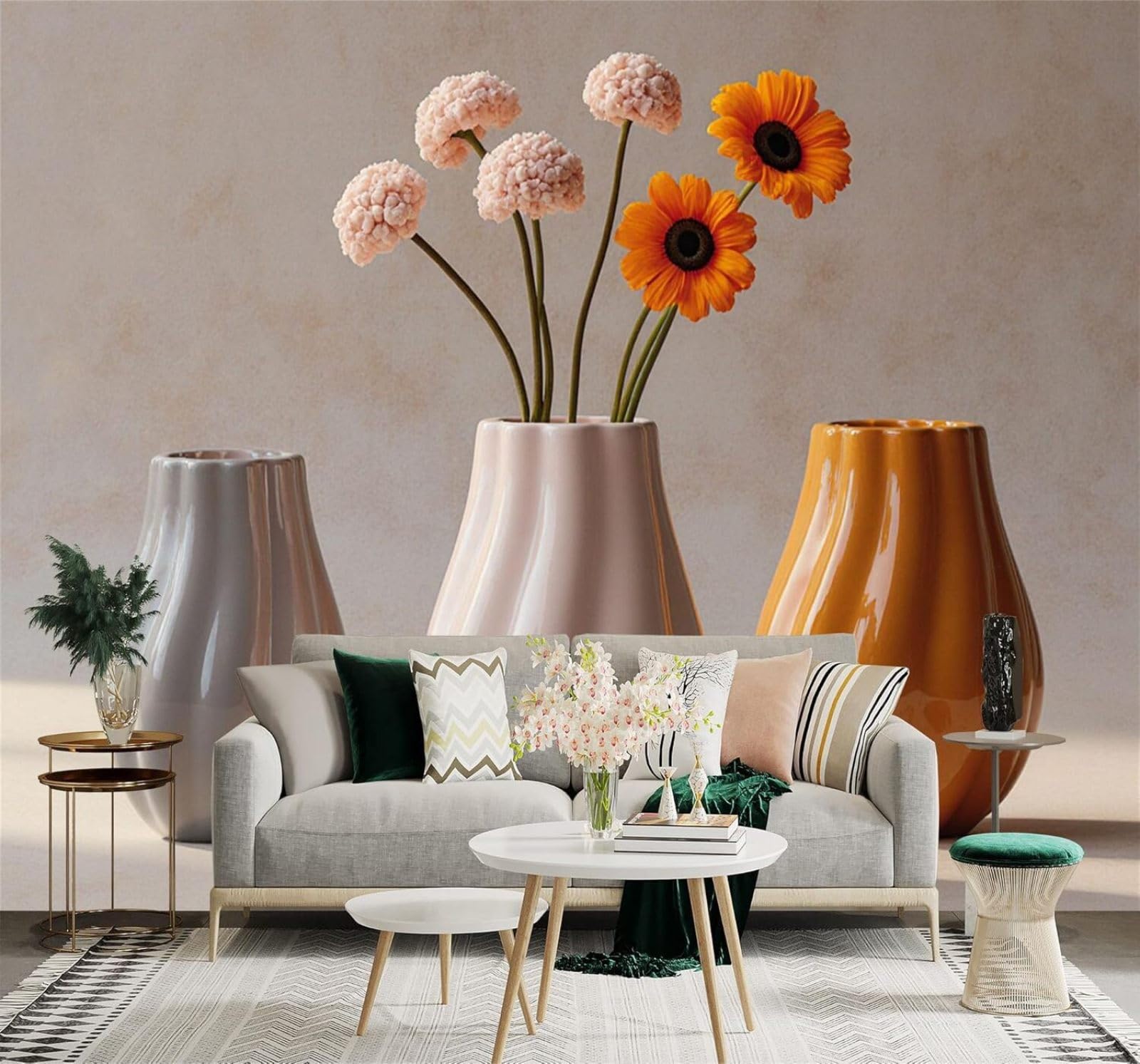Yuemingdi 300Cm×210Cm(B×H) 3D Wallpaper Minimalist Aesthetics Colourful Ceramic Vase Flowers
