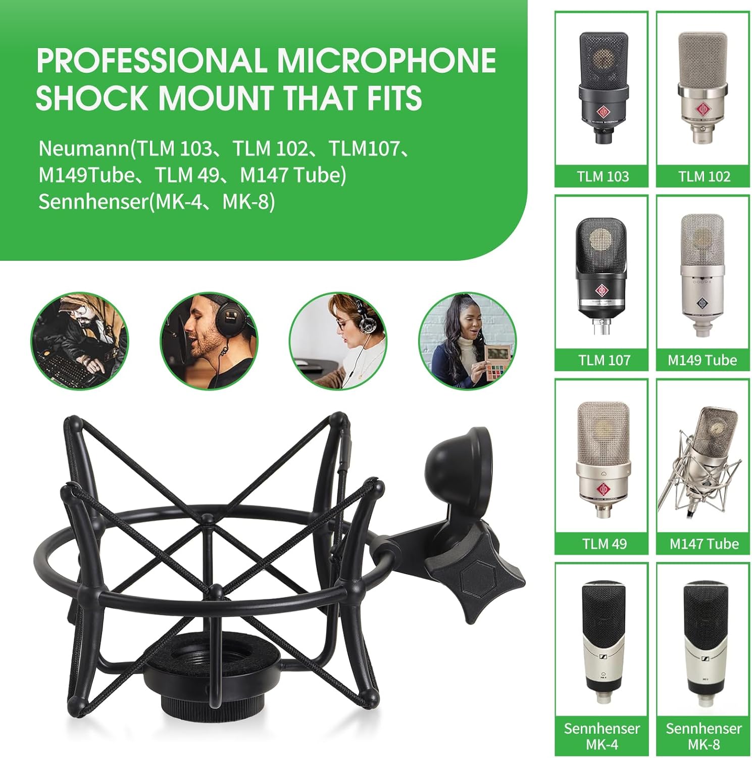 Universal Anti-Vibration Microphone Shock Mount, Mic Holder for Condenser Mics - Compatible with AT2020, MXL 770/990, Samson G Track Pro, Rode Procaster/NT1-A, Neumann U87/U87i, and More
