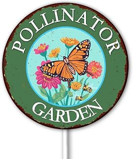 Pollinator Garden Sign Monarch Butterfly Pollinators Sign for Yard Bees Butterfly Gift Garden Vintage Look Sturdy Aluminum Weatherproof Rust Free 9.2" x 9.2"