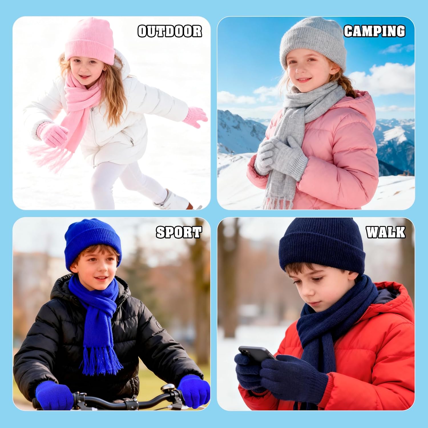 QKURT 6 Sets Kids Winter Hat Scarf Gloves Set, 6 Colors Knit Warm Soft Hat Long Scarf Snow Gloves for Boys Girls Ages 5-12, Winter Accessories for Outdoor School Cold Weather Holiday
