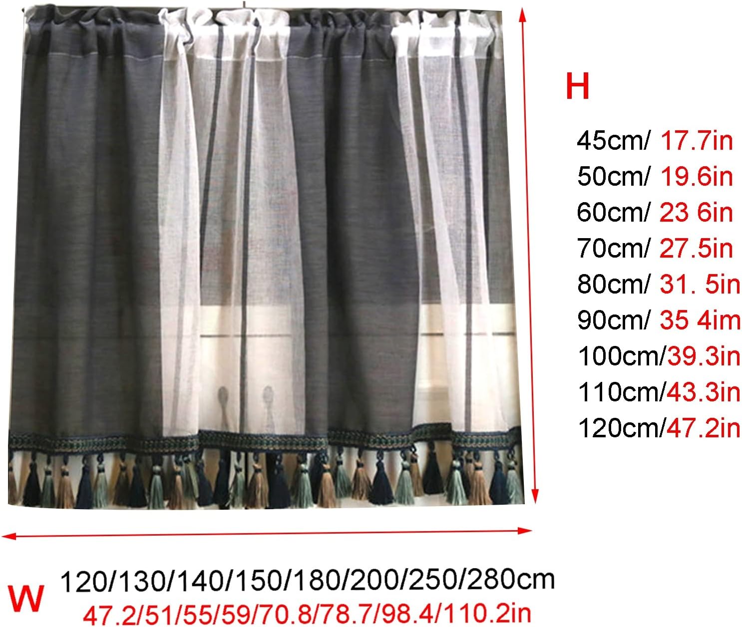 Kitchen Curtains with Tassels, Black and White Striped Tier Curtains Valances, Drop Short Voile Curtains Modern Style,for Small Window/Cafe/Cupboard (Size : W120xH80cm/47.2x31.5in)
