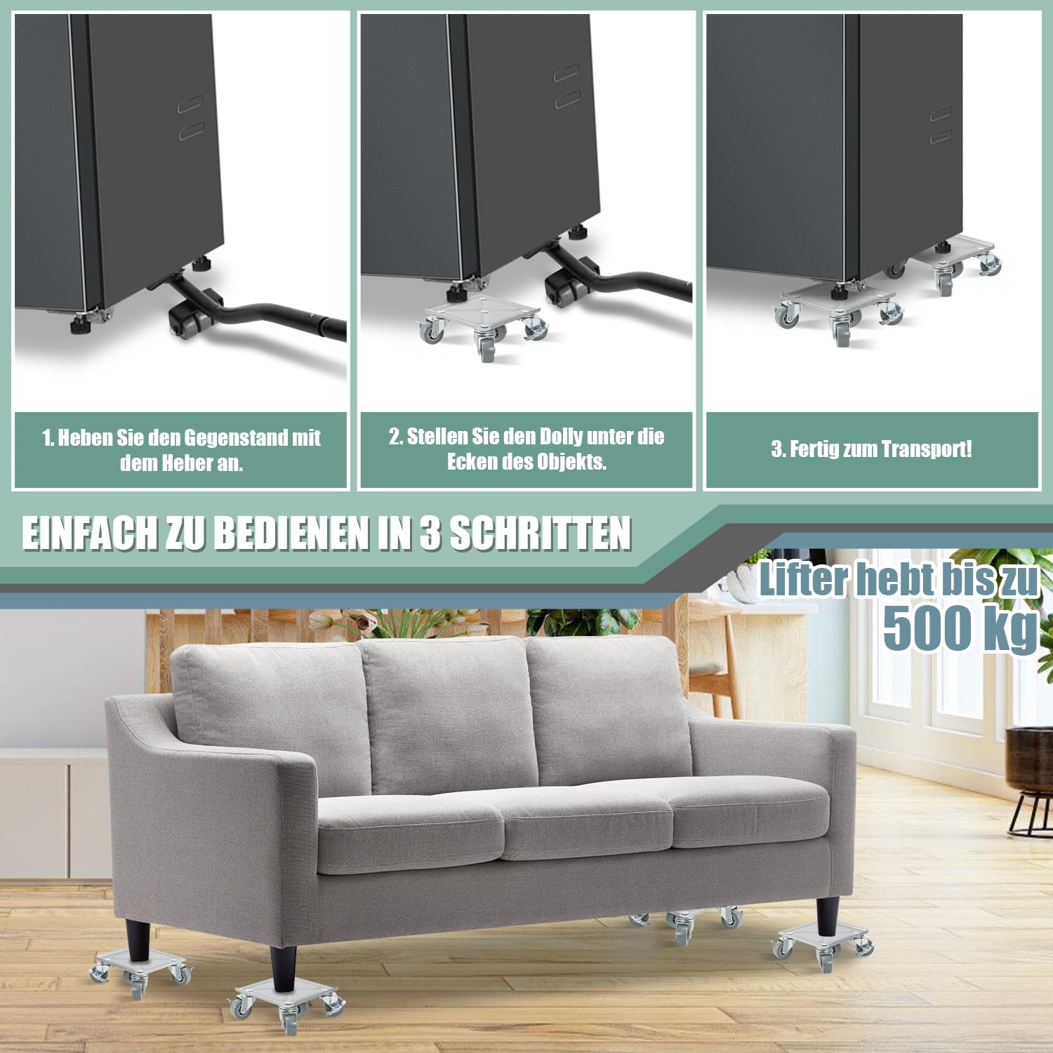 Set di 8 rotelle per mobili, 5 ruote fino a 600 kg, per mobili pesanti, con sollevatore di carico, girevole a 360 gradi