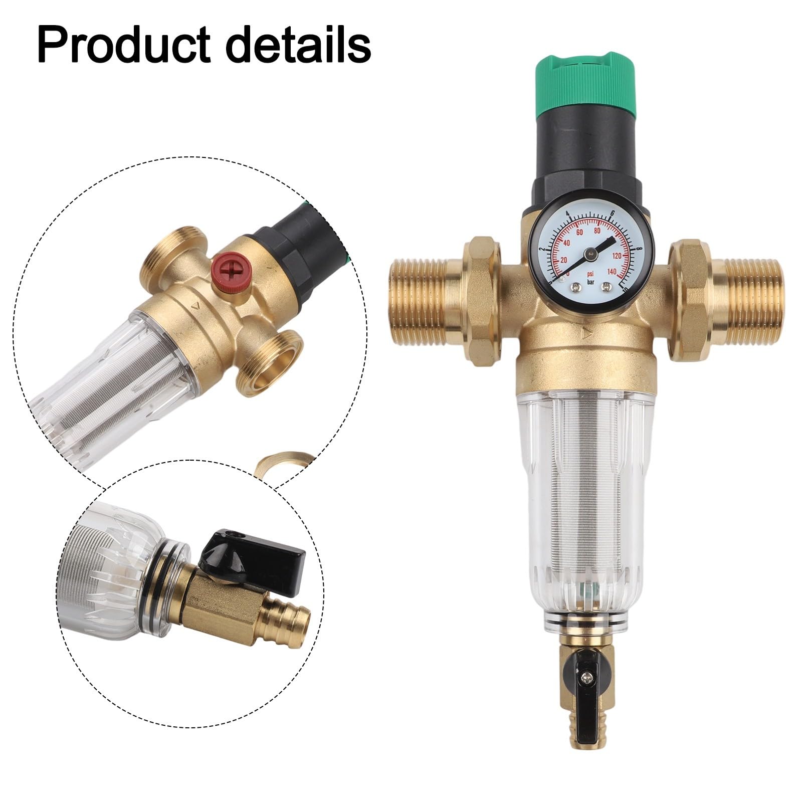 Riduttore di pressione dell'acqua con filtro di ritorno e manometro, in ottone resistente alle infiammazioni, filtro integrato in acciaio inox per impianti idrici domestici, regolabile DN15