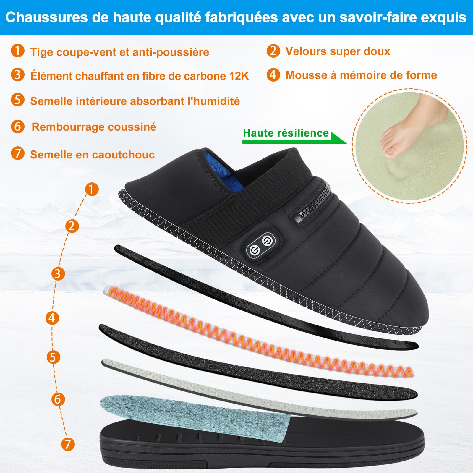 BIAL Chaussons Chauffants, Electrique Chauffe Pied Pantoufles Chausson Chauffant Hiver Double Interrupteur Pantoufles Chauffantes Chauffe-Pieds avec Batterie 5000mAh Hommes Femmes Intérieur/Extérieur